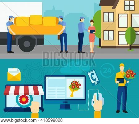 Online Furniture Purchase And Flowers Home Delivery Order 2 Flat Horizontal Banners Composition Abst