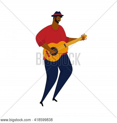 Hand Drawn Vector Illustration Of Cartoon Abstract Style Man Playing A Guitar Or Cuban Tres. Isolate