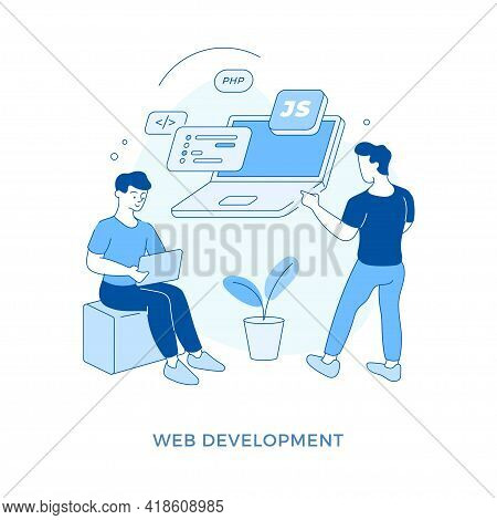 Linear Flat Web Development Concept Vector Illustration. Male Cartoon Characters Coder And Programme
