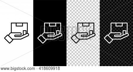 Set Line Delivery Insurance Icon Isolated On Black And White Background. Insured Cardboard Boxes Bey