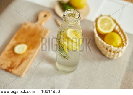 Glass Bottle Detox Healthy Water With Lemon And Rosemary