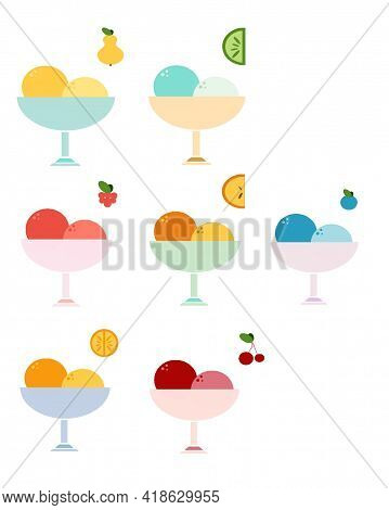 A Set Of Fruit Ice Creams. Ice Cream In Bowls. Fruits. Isolated.