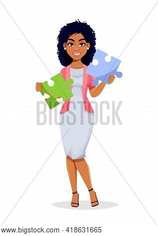 African American Business Woman Holding Two Pieces Of Puzzle. Beautiful Businesswoman Cartoon Charac
