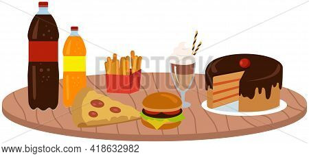 Fast Food Meal Set Vector Illustration. Classic Cheese Burger With Grilled Meat, French Fries, Cake,