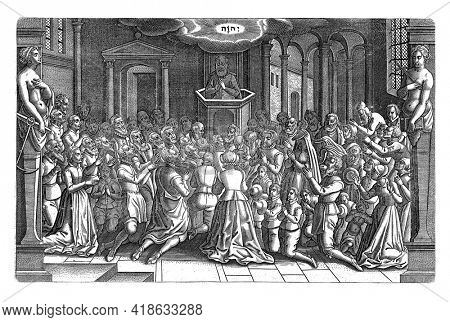 Leideners kneel in gratitude during a church service after the relief of the city, 1574. Above the minister the tetragrammaton. In carved frame with herms on either side.