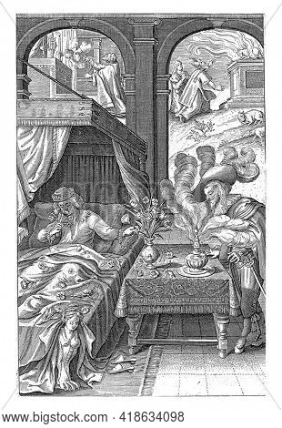 A man lying in bed smells a flower, another standing on the right side of a table and whose hat is decorated with four large plumes, enjoys the vapor of an incense vase standing in front of him.