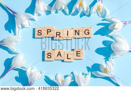 Spring Sale Text And White Crocusses On Blue Background