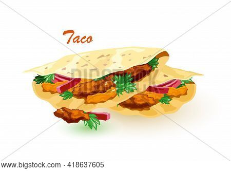 Cartoon Of Taco Mexico Food With Tortilla, Leaves Lettuce, Cheese, Tomato, Forcemeat, Sauce. Vector 