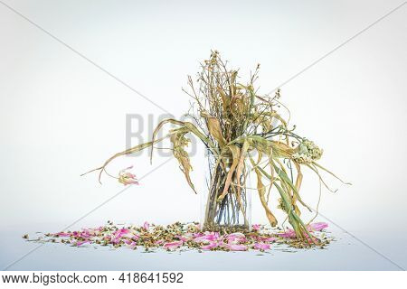 wilted flowers bouquet in a clear glass vase ,Vintage filtered