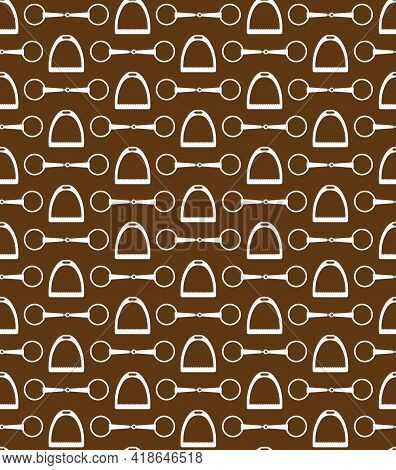 Vector Seamless Pattern Of Flat Horse Equestrian Bit Snaffle And Stirrup Isolated On Brown Backgroun