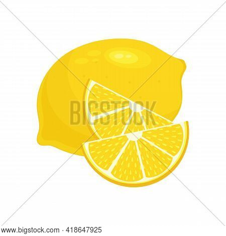 Lemon And Its Wedges. Citrus Fruit. Vitamin C. Illustration In Flat Style. Vector Stock Graphics Iso