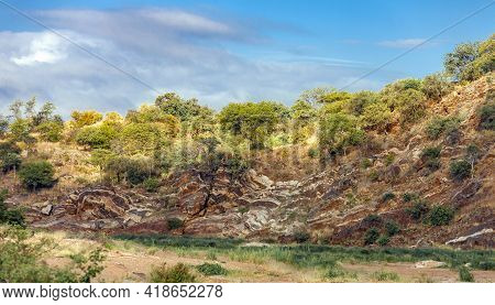 Geological Outcrops With Igneous Outcrops On The Banks Of The Dry Riverbed. Drawing Of Fossilized Vo