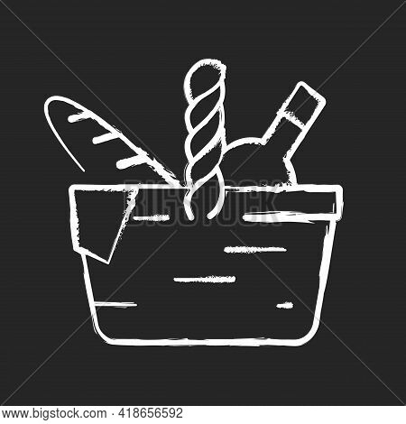 Picnic Basket Chalk White Icon On Black Background. Heaving Picnic Hamper. Holding Food And Tablewar
