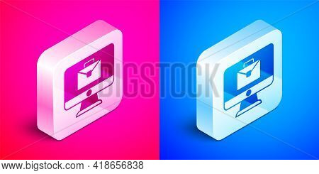Isometric Online Working Icon Isolated On Pink And Blue Background. Freelancer Man Working On Laptop