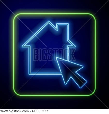 Glowing Neon Online Working Icon Isolated On Blue Background. Freelancer Man Working On Laptop At Hi