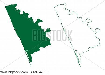 Kasaragod District (kerala State, Republic Of India) Map Vector Illustration, Scribble Sketch Kasara