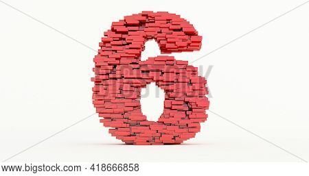 Concept Of Bricks That Build Up To Form The 6 Six,
Red Number Six On White Background. 3d Render,
