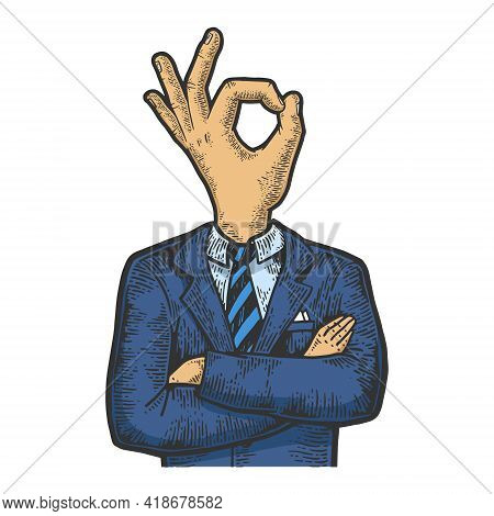 Businessman With Okay Hand Gesture Instead Head Color Sketch Engraving Vector Illustration. Scratch 