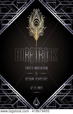 Art Deco Vintage Gold And Silver Design Element Over Black. Retro Party Geometric Background Set 192