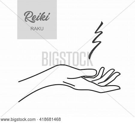 Reiki Symbol. A Sacred Sign Raku. A Hand Holds Reiki Raku Sign On White Background. Alternative Medi