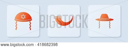 Set Traditional Ram Horn, Shofar, Jewish Kippah And Orthodox Jewish Hat. White Square Button. Vector