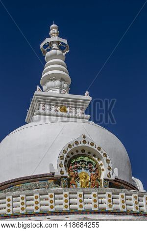 White Buddhist Stupa Or Pagoda In Tibetan Monastery Near Village Leh In Ladakh Region, Noth India