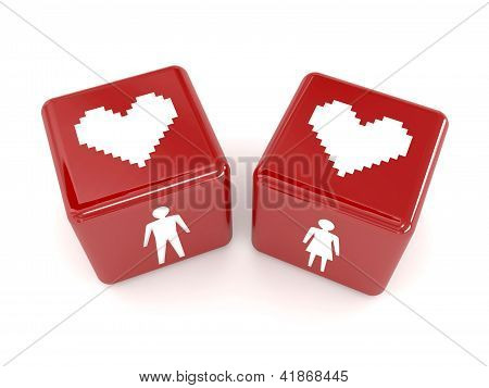 İki kalp erkek ve kadın figürleri dices üzerinde.