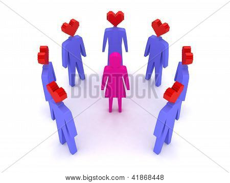 Erkekler aşık çevrili bir kadın.