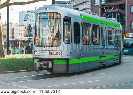 Hanover / Germany - April 25, 2021: Tram From Uestra Drives In Hanover City. Uestra Is The Operator 