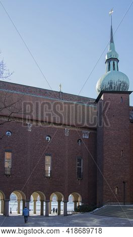 Stockholm, Sweden - March 17 2018. Stockholm City Hall Stadshuset Tower Building Of Municipal Counci