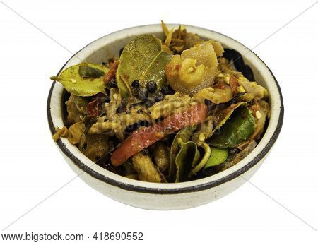 Stir Fried Spicy Wild Boar With Red Chili In White Bowl On Isolated On White Background With Clippin