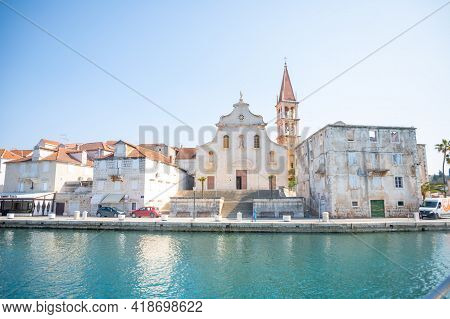 Milna, Croatia - 1.04.2021: Wiew From Water Of The City Of Milna, Croatia