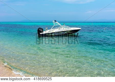 Boat On Platanitsi Beach Of Sithonia Peninsula, Chalkidiki, Greece - August 2019