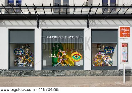 BAYONNE, FRANCE - CIRCA APRIL 2021: La Grande Recre window display at the Galeries Lafayette.