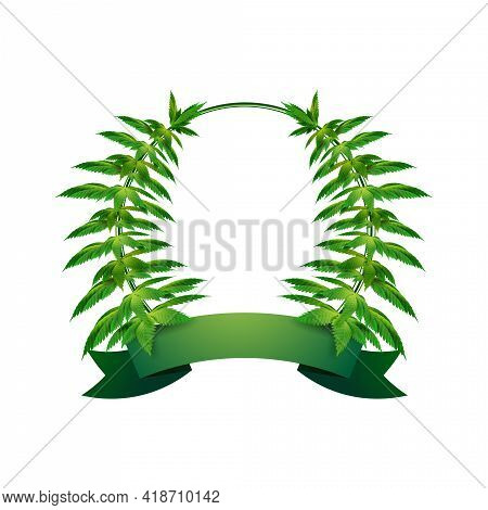 Circle Frame Of Hemp Leaves Around A White Empty Space With Freen Ribbon For Your Text. Cannabis Lea