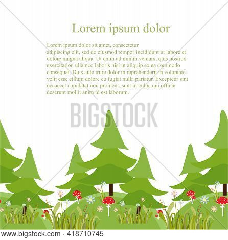 Fir Tree Forest With Flower Fly Agaric Mushroom Hill Seamless Pattern Lorem Ipsum Art Design Element