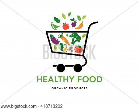 Shopping Cart With Food Icons, Cooking Logo And Branding. Healthy, Vegan And Vegetarian Food Concept