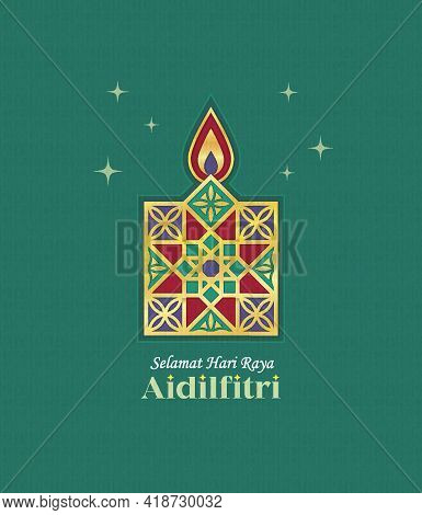Hari Raya Aidilfitri Greeting Card. Gold Line Art Pelita (oil Lamp) Symbol Flat Design. Modern Moroc