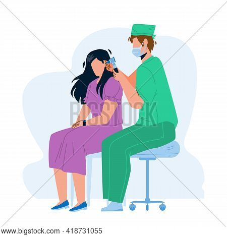 Audiologist Checking Patient Girl Ears Vector. Audiologist Doctor Man Examining Young Woman Hearing 