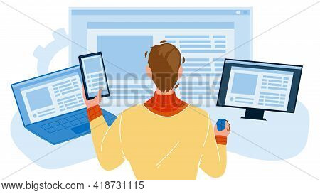 Front End Development Developer Occupation Vector. Young Man Working At Computer, Front End Developm