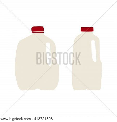 Hand Drawn, Flat Vector Illustration Of Milk In Plastic Gallon And Half-gallon Jug With Red Cap. Iso