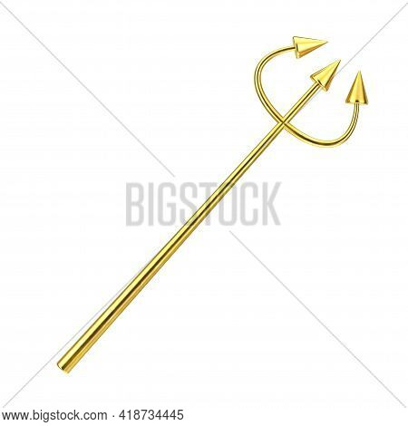 Golden Devil Halloween Day Celebration Trident Or Pitchfork On A White Background. 3d Rendering