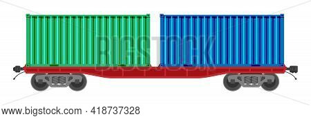 Freight Railroad Car Isolated On White Background. Freight Container Platform Wagon. Flatcar Part Of