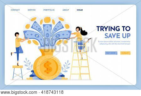 Illustration Of People Are Trying To Saving. Money Flew Into Coin Saving. People Hold Money To Save 