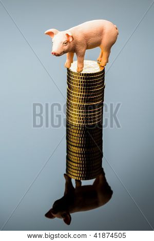 a pig standing on a stack of coins. rising feed costs in agriculture. diminishing returns for pork
