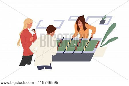 Happy People Playing Game In Office. Colleagues Spending Time Together At Foosball Or Soccer Table. 