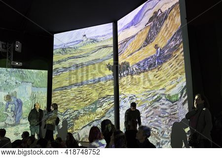 Lugano / Switzerland - December 21, 2019: Multimedia Exhibition By Vincent Van Gogh, Lugano, Switzer