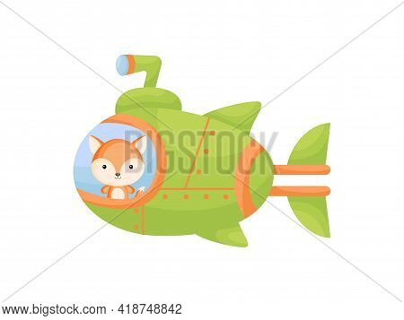 Cute Little Fox Sail On Green Submarine. Cartoon Character For Childrens Book, Album, Baby Shower, G