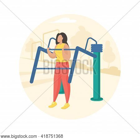 Outdoor Fitness Equipment Flat Illustration. Female Cartoon Character Doing Workout Exercises Using 