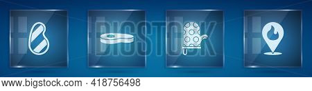 Set Steak Meat, , Oven Glove And Location With Fire Flame. Square Glass Panels. Vector